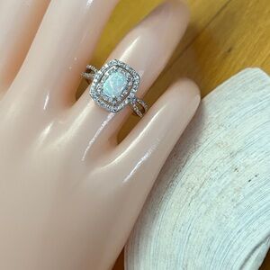 Radiant Cut Genuine Lab Opal &Natural Zircon Halo Sterling Silver Ring Size 7.25